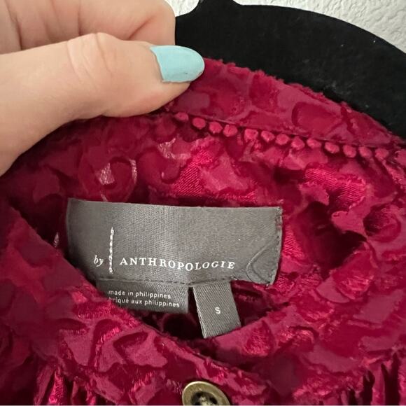 Anthropologie Susanna Red Burnout Velvet Button Front Blouse - Picture 7 of 8